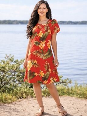 Vtg Puanani Hawaiian Dress Red Floral Tulip Sleeve Cotton Tropical Aloha Size S